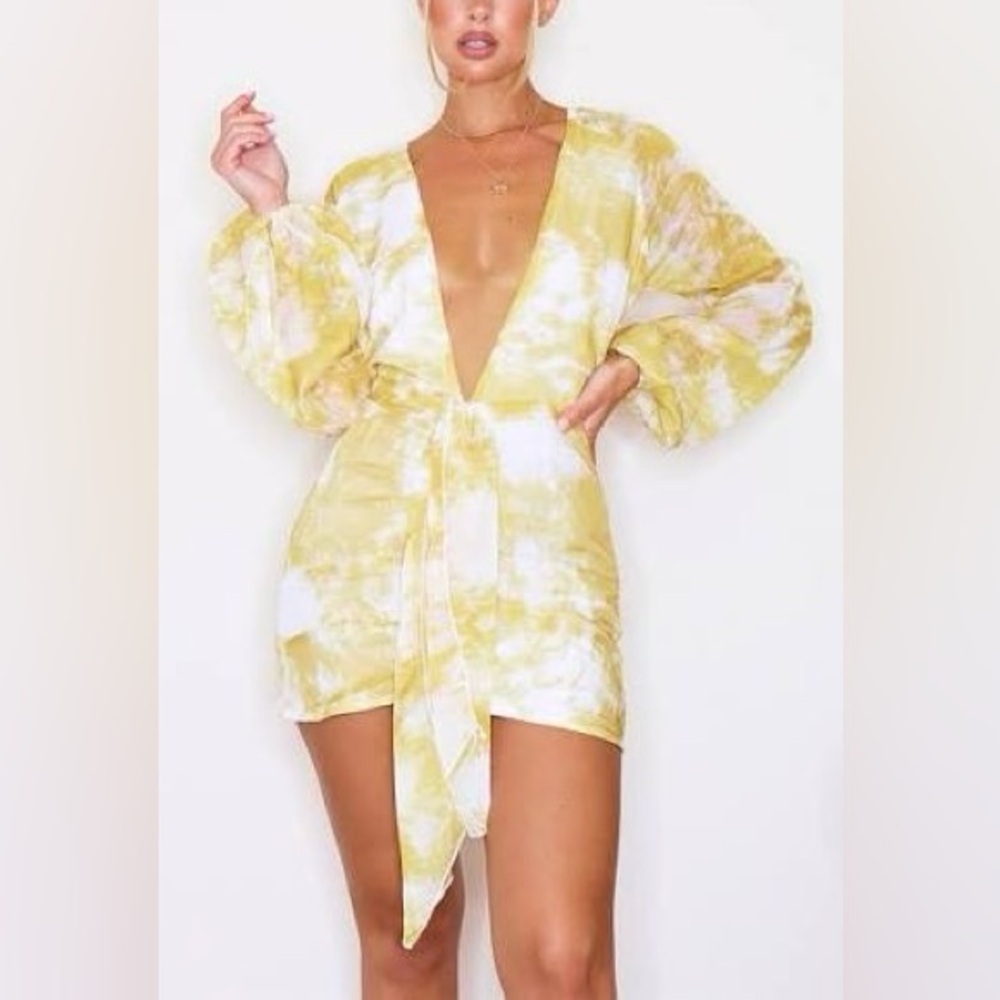PrettyLittleThing Yellow Tie-Dye Chiffon Dress